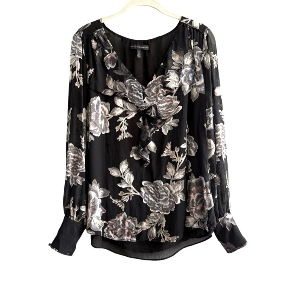 WHBM Long Sleeve Blouse Silk Blend Ruffled V-neck Floral Black White Tan Size M